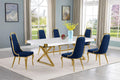 Best Quality D443-6SC315 7 pc Modern white high gloss top gold accent base 94" dining table set navy blue chairs