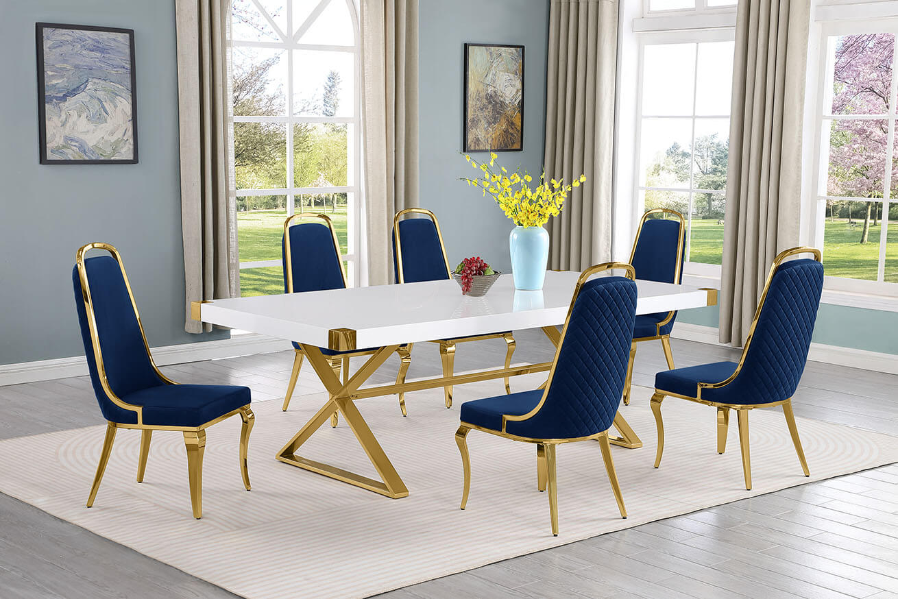 Best Quality D443-6SC315 7 pc Modern white high gloss top gold accent base 94" dining table set navy blue chairs