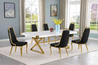 Best Quality D443-6SC316 7 pc Modern white high gloss top gold accent base 94" dining table set black chairs
