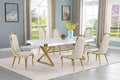 Best Quality D443-6SC317 7 pc Modern white high gloss top gold accent base 94" dining table set cream chairs