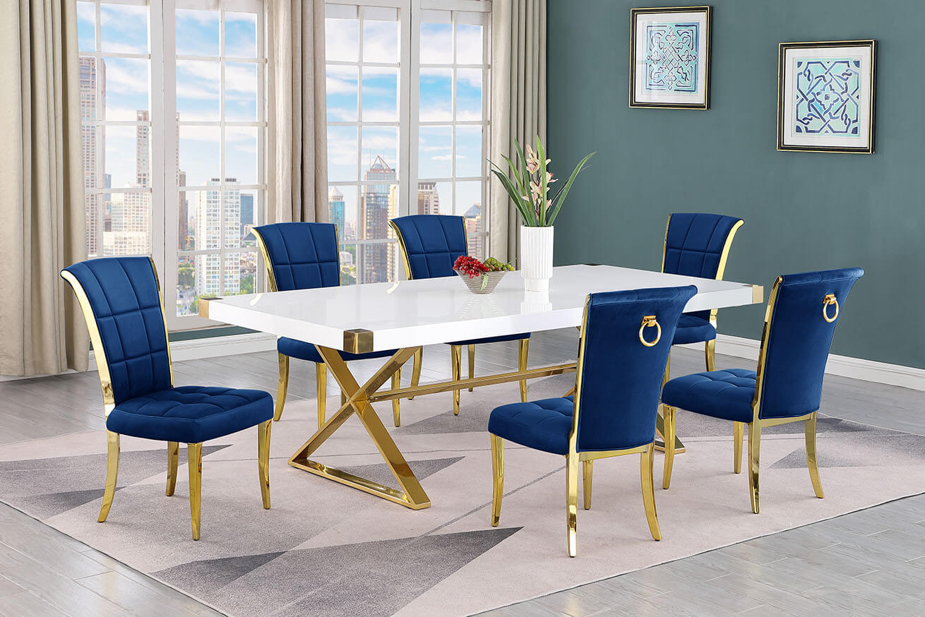 Best Quality D443-6SC325 7 pc Modern white high gloss top gold accent base 94" dining table set navy blue chairs