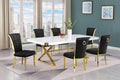 Best Quality D443-6SC326 7 pc Modern white high gloss top gold accent base 94" dining table set black chairs