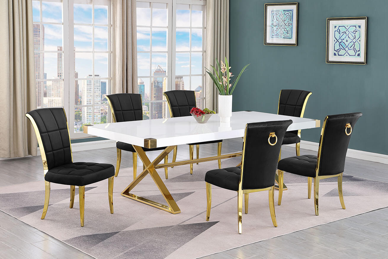 Best Quality D443-6SC326 7 pc Modern white high gloss top gold accent base 94" dining table set black chairs