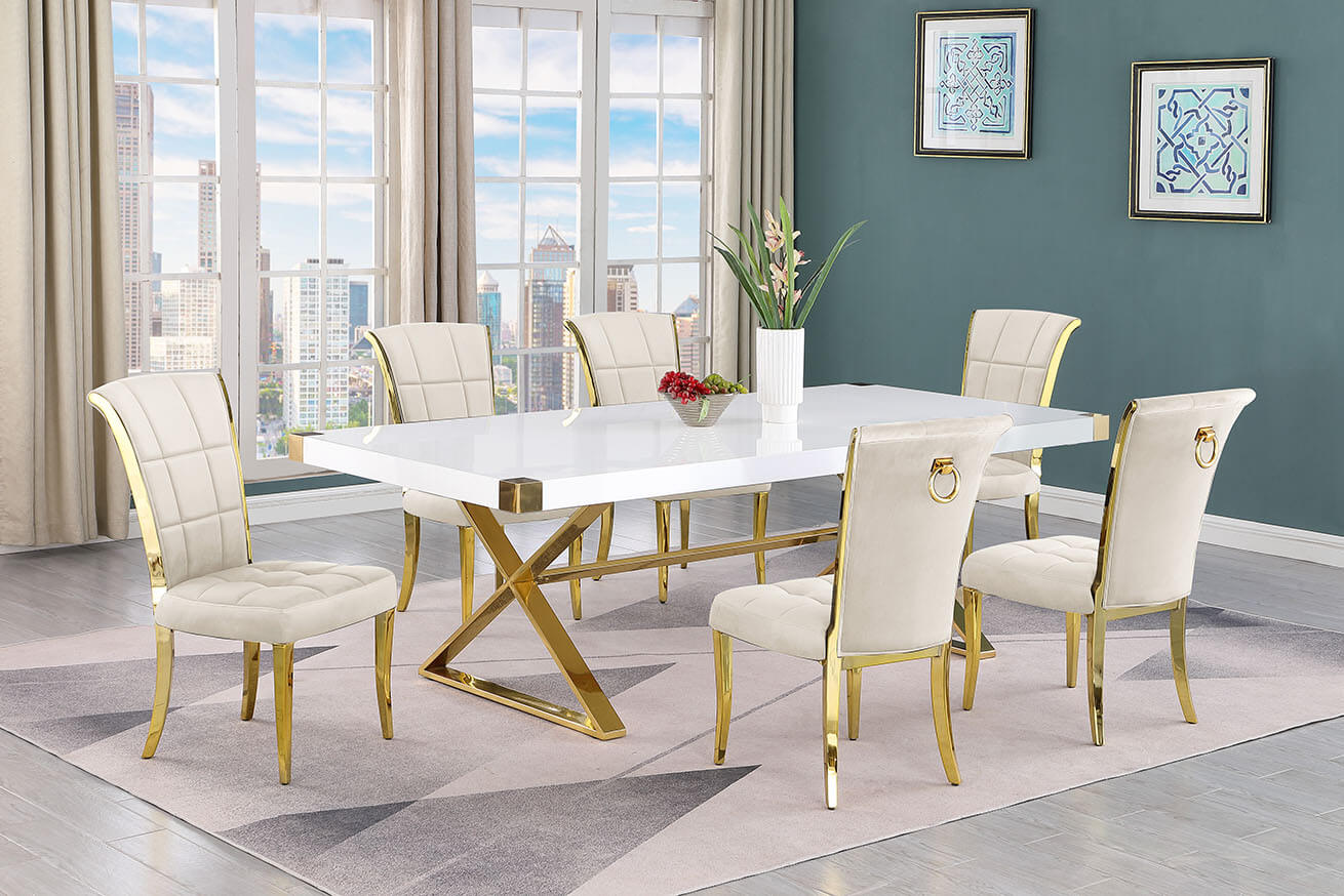 Best Quality D443-6SC327 7 pc Modern white high gloss top gold accent base 94" dining table set cream chairs