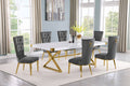 Best Quality D443-6SC334 7 pc Modern white high gloss top gold accent base 94" dining table set dark grey tufted back chairs