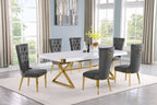Best Quality D443-6SC334 7 pc Modern white high gloss top gold accent base 94" dining table set dark grey tufted back chairs