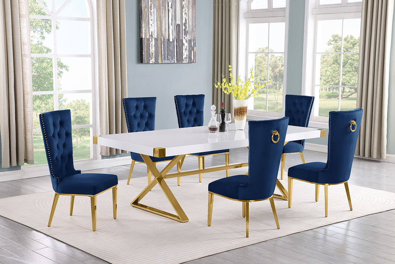 Best Quality D443-6SC335 7 pc Modern white high gloss top gold accent base 94" dining table set navy blue tufted back chairs