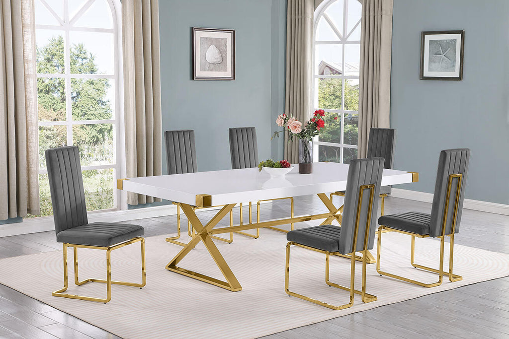 Best Quality D443-6SC344 7 pc Modern white high gloss top gold accent base 94" dining table set grey chairs