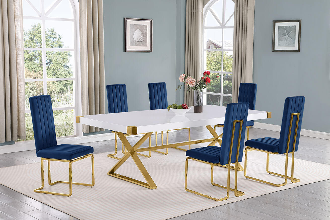 Best Quality D443-6SC345 7 pc Modern white high gloss top gold accent base 94" dining table set navy blue chairs