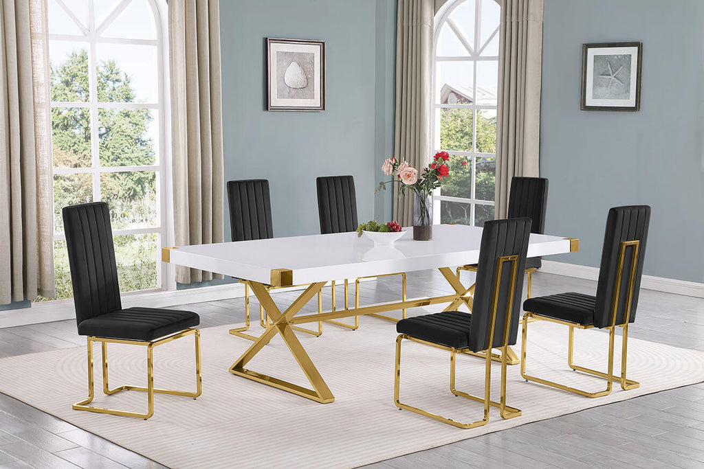 Best Quality D443-6SC346 7 pc Modern white high gloss top gold accent base 94" dining table set black chairs