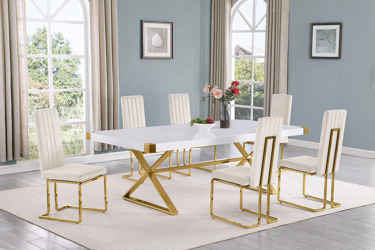 Best Quality D443-6SC347 7 pc Modern white high gloss top gold accent base 94" dining table set cream chairs