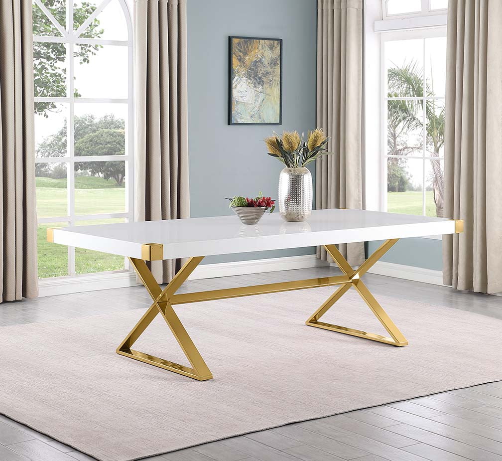 Best Quality D443-6SC336 7 pc Modern white high gloss top gold accent base 94" dining table set black tufted back chairs