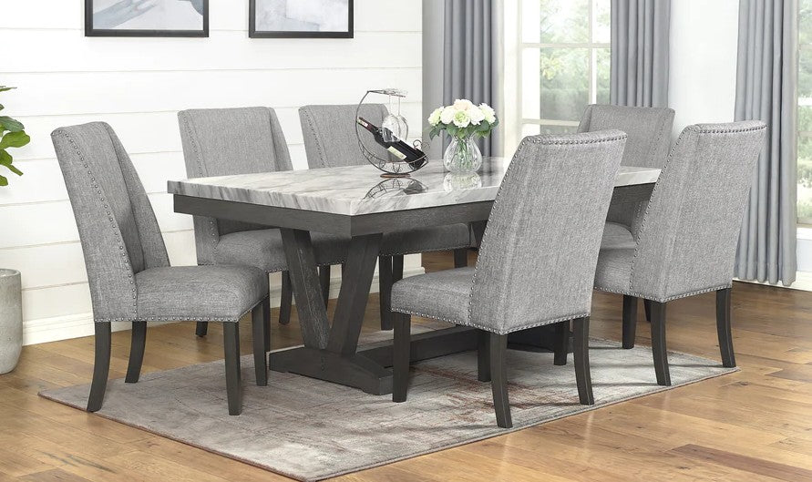 Mc Ferran D4930-7PC 7 pc Gracie oak mach dark finish wood faux marble top dining table set grey fabric chairs