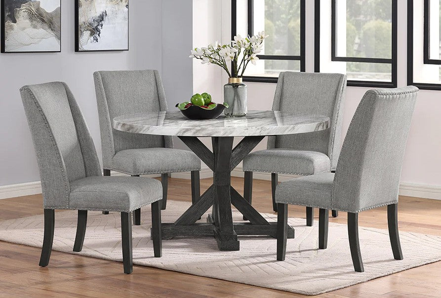 Mc Ferran D4930-5PC 5 pc Gracie oak mach dark finish wood 54" round faux marble top dining table set grey fabric chairs