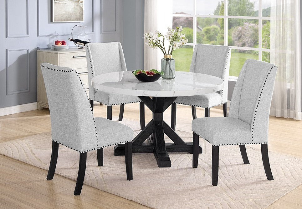 Mc Ferran D4931-5PC 5 pc Gracie oak mach dark finish wood 54" round white faux marble top dining table set beige fabric chairs