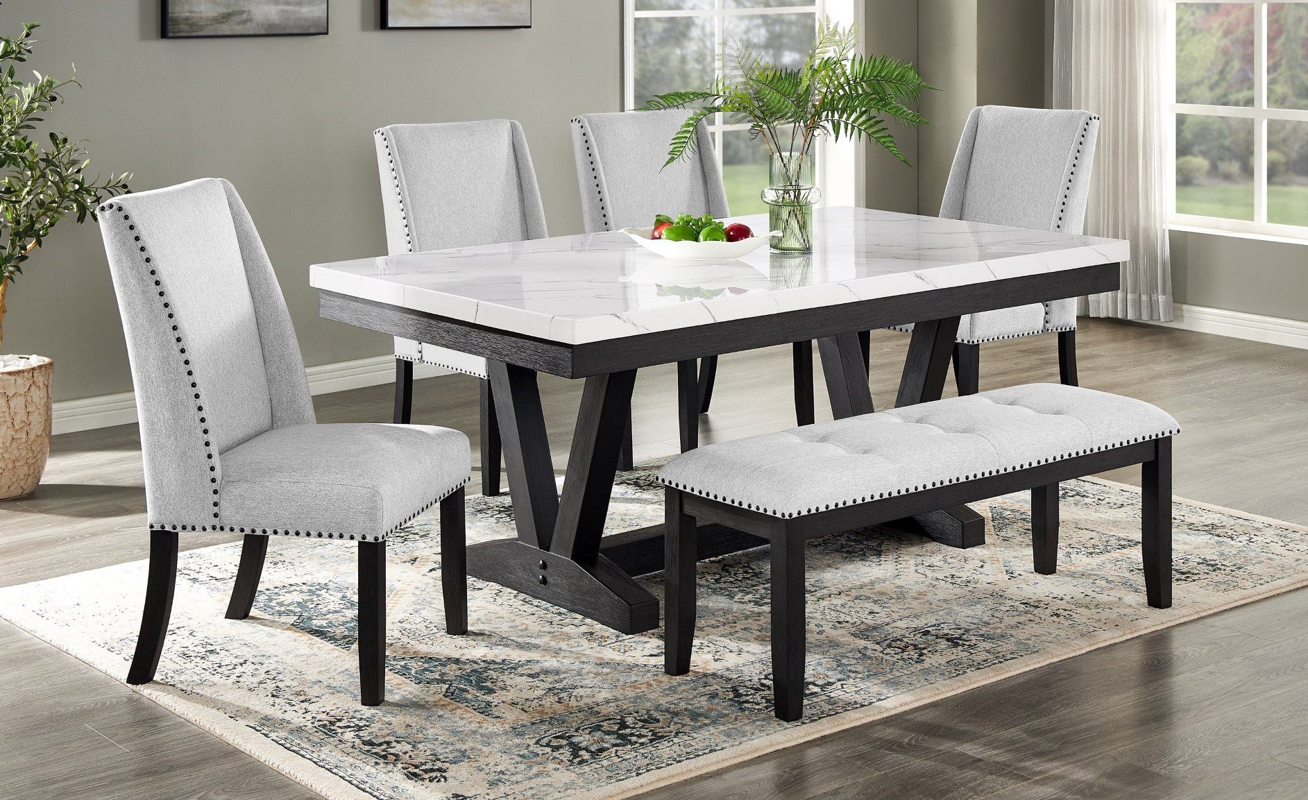 Mc Ferran D4931-6PC 6 pc Gracie oak mach dark finish wood white faux marble top dining table set beige fabric chairs and bench
