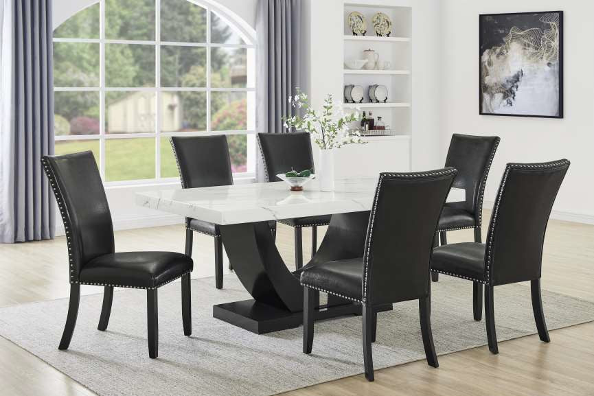 Mc Ferran D6051-7PC 7 pc Faux marble top U shaped pedestal dark finish wood faux marble top dining table set faux leather chairs