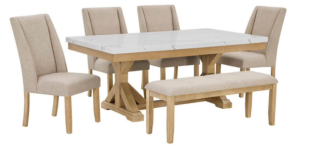 D521-D6 6 pc Clamentine rustic natural finish wood white faux marble top dining table set with bench