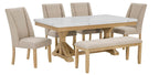 D521-D6 6 pc Clamentine rustic natural finish wood white faux marble top dining table set with bench