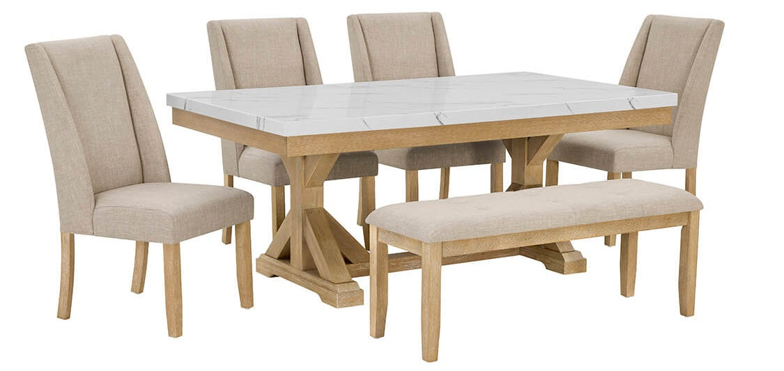 D521-D6 6 pc Clamentine rustic natural finish wood white faux marble top dining table set with bench