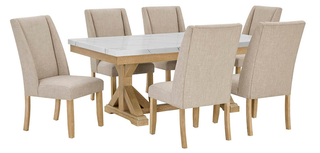 D521-D7 7 pc Clamentine rustic natural finish wood white faux marble top dining table set