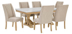 D521-D7 7 pc Clamentine rustic natural finish wood white faux marble top dining table set
