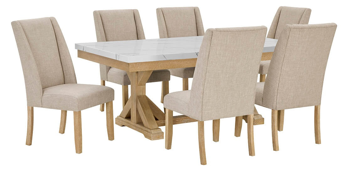 D521-D7 7 pc Clamentine rustic natural finish wood white faux marble top dining table set