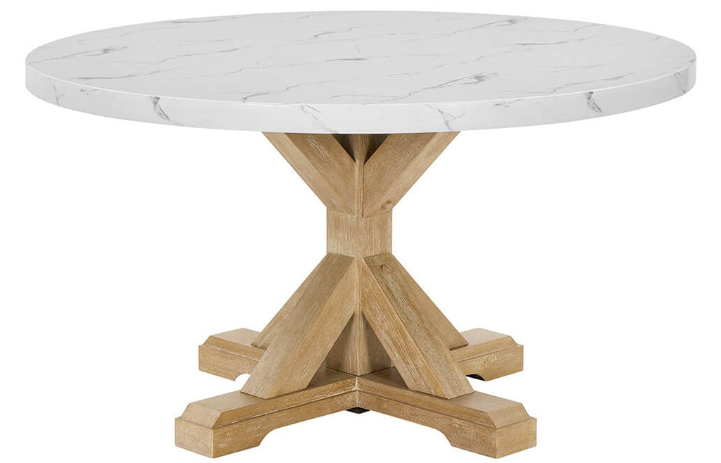 D523-D5 5 pc Clamentine rustic natural finish wood white round 54" faux marble top dining table set
