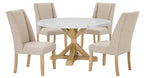 D523-D5 5 pc Clamentine rustic natural finish wood white round 54" faux marble top dining table set