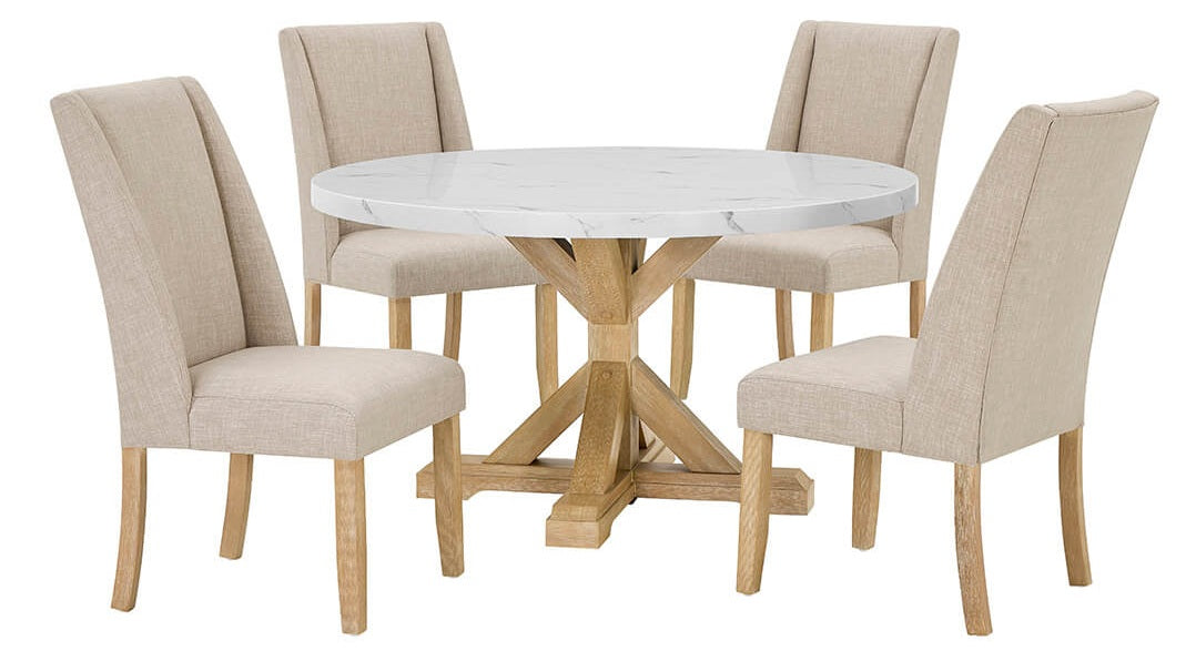 D523-D5 5 pc Clamentine rustic natural finish wood white round 54" faux marble top dining table set