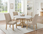 D523-D5 5 pc Clamentine rustic natural finish wood white round 54" faux marble top dining table set