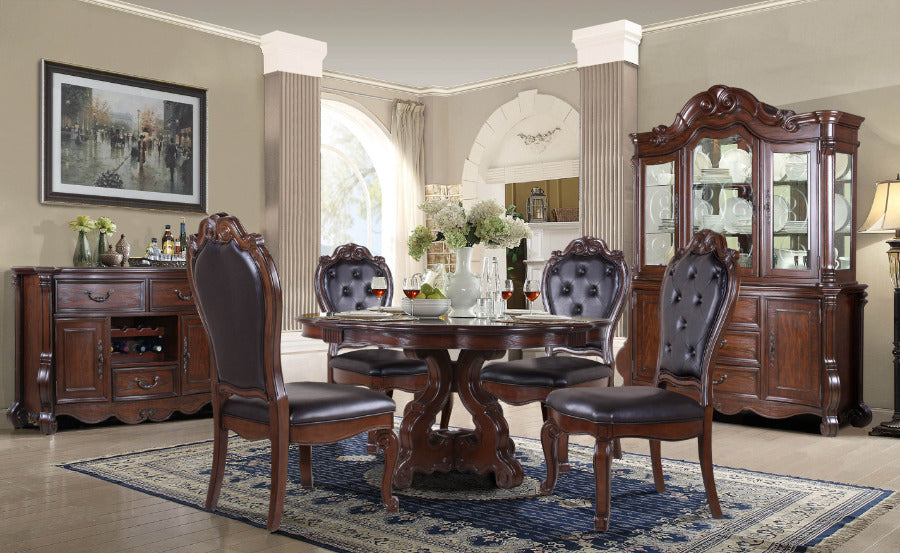Mc Ferran D527-6060 5 pc Astoria grand mcquaig dark brown two tone finish wood 60" round dining table set carved back chairs