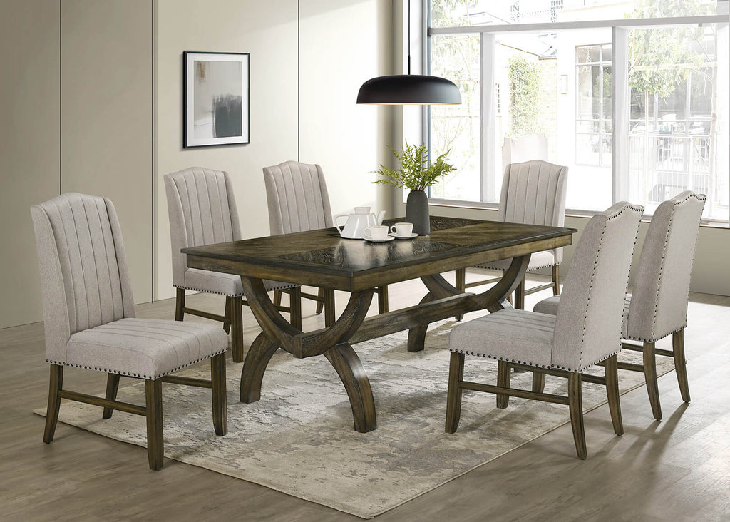 D531-6SC531 7 pc Klarissa antique brown oak finish wood wood grain top dining table set fabric chairs