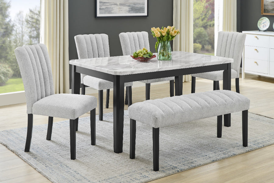 Mc Ferran D550-6PC 6 pc Gracie oak mach black finish wood faux marble top dining table set light grey velvet chairs and bench
