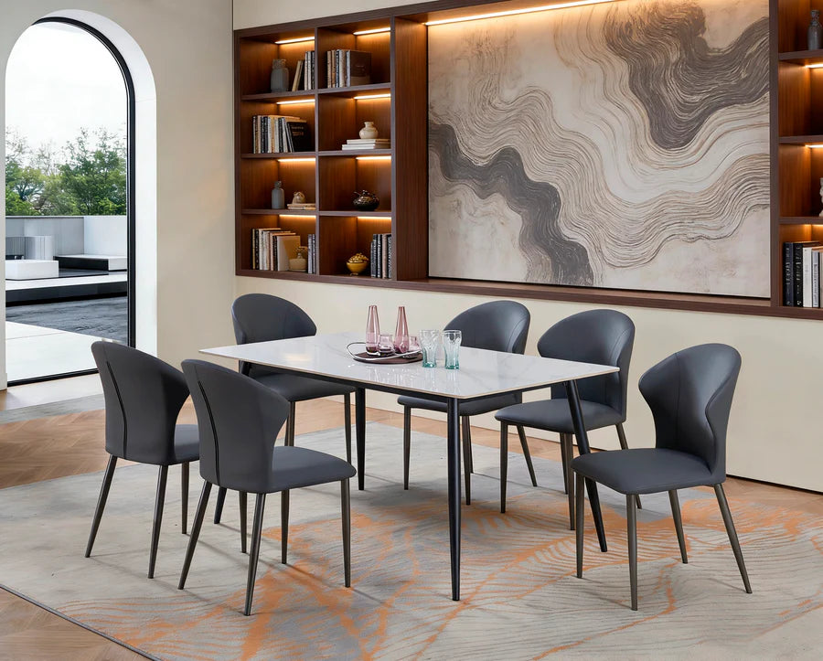 Mc Ferran D6001-7PC 7 pc Selena ceramic marble look top modern style dining table set grey chairs