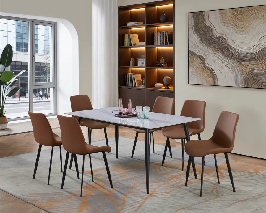 Mc Ferran D6002-7PC 7 pc Selena ceramic marble look top modern style dining table set brown chairs