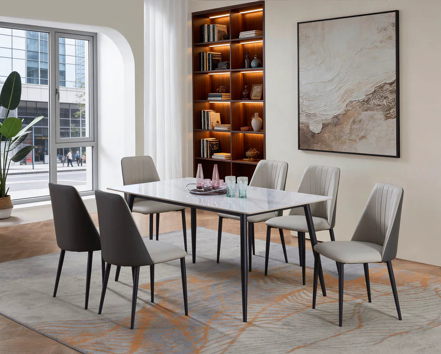 Mc Ferran D6003-7PC 7 pc Selena ceramic marble look top modern style dining table set two tone chairs