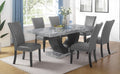 Mc Ferran Faux Marble Top U-Shaped Pedestal Dark Finish Wood 7-Piece Dining Table Set with Grey Faux Leather Chairs – D6050-7PC