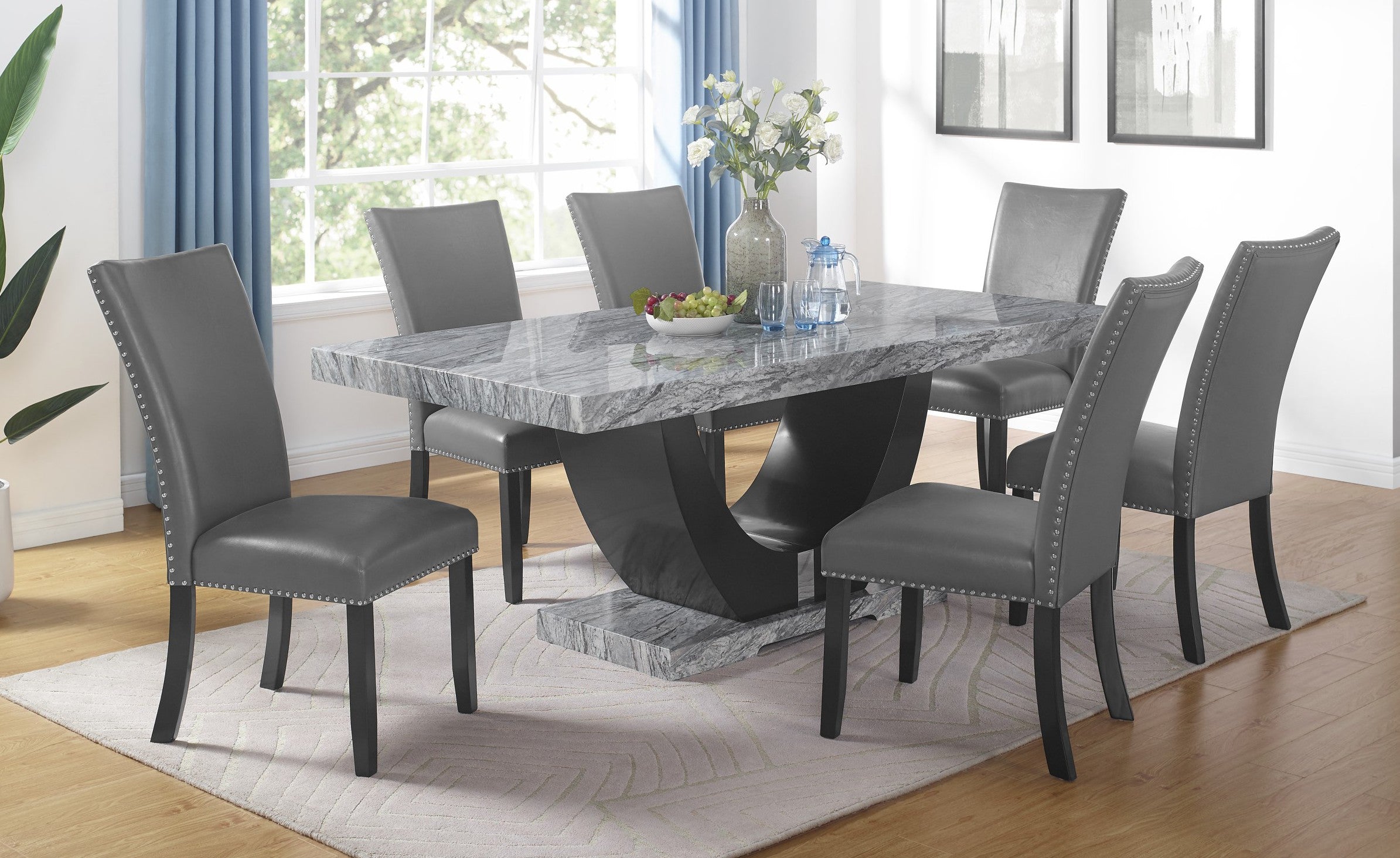 Mc Ferran Faux Marble Top U-Shaped Pedestal Dark Finish Wood 7-Piece Dining Table Set with Grey Faux Leather Chairs – D6050-7PC