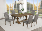D700-7PC 7 pc Mercer 41 Lark manor privett brown oak finish wood trestle base dining table with grey fabric chairs
