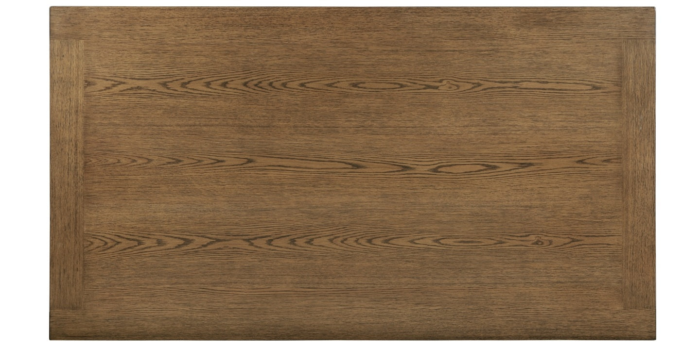 D700-7PC 7 pc Mercer 41 Lark manor privett brown oak finish wood trestle base dining table with grey fabric chairs