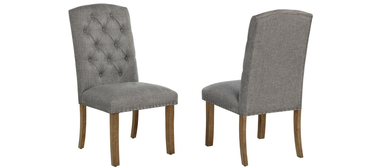 D700-7PC 7 pc Mercer 41 Lark manor privett brown oak finish wood trestle base dining table with grey fabric chairs