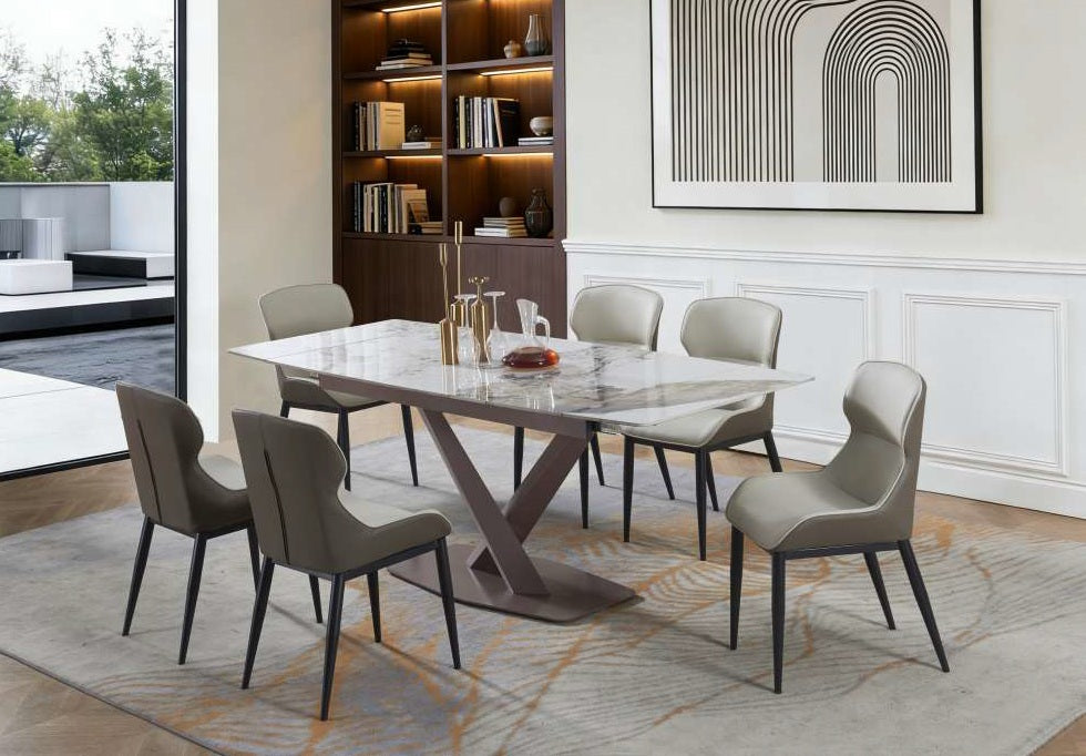 Mc Ferran D7001-7PC 7 pc soma II ceramic marble look extendable top modern style dining table set