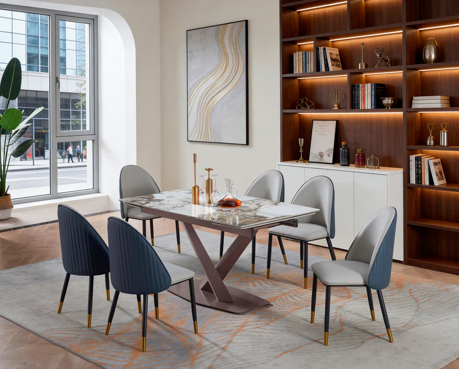 Mc Ferran D7002-7PC 7 pc soma III ceramic marble look extendable top modern style dining table set