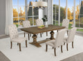 D701-7PC 7 pc Mercer 41 Lark manor privett brown oak finish wood trestle base dining table with beige fabric chairs