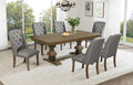 D702-7PC-6WC 7 pc Privett brown oak finish wood trestle base dining table with grey fabric wing back chairs