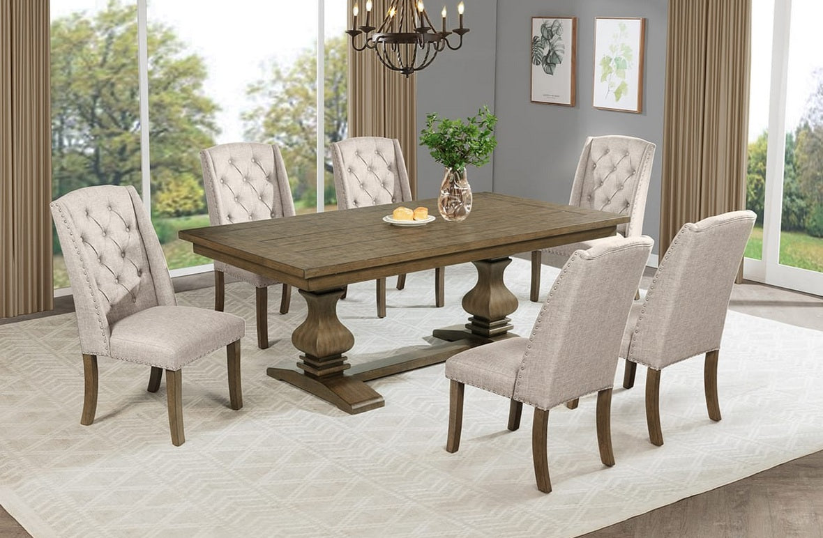 D703-7PC-6WC 7 pc Privett brown oak finish wood trestle base dining table with beige fabric wing back chairs