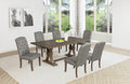D704-7PC 7 pc Gracie oaks rustic grey finish wood trestle base dining table with grey fabric chairs
