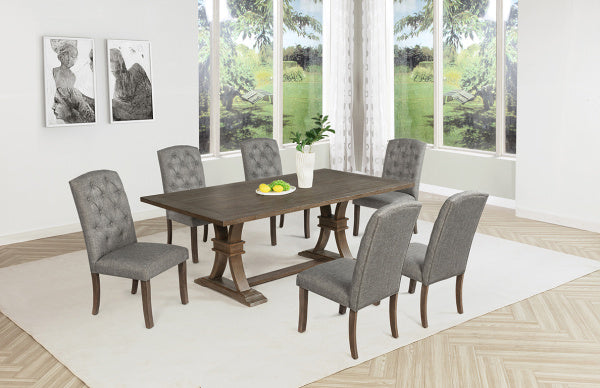 D704-7PC 7 pc Gracie oaks rustic grey finish wood trestle base dining table with grey fabric chairs