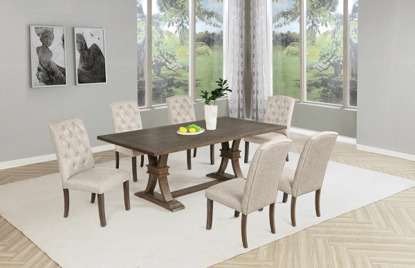 D705-7PC 7 pc Gracie oaks rustic grey finish wood trestle base dining table with beige fabric chairs